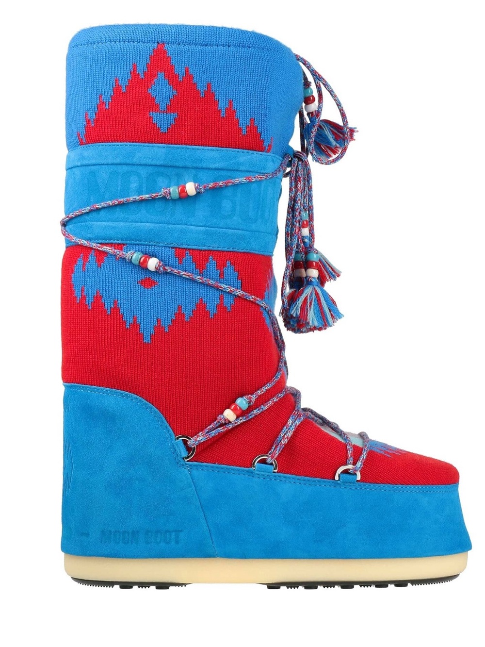 Alanui x Moon Boot Blue & Red Aztec Knit Lace-Up Winter Boot